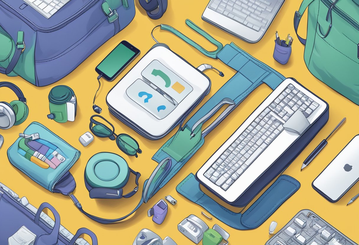 A tote bag with "Frequently Asked Questions" printed on it, surrounded by various objects commonly associated with customer service, such as a phone, computer, and headset