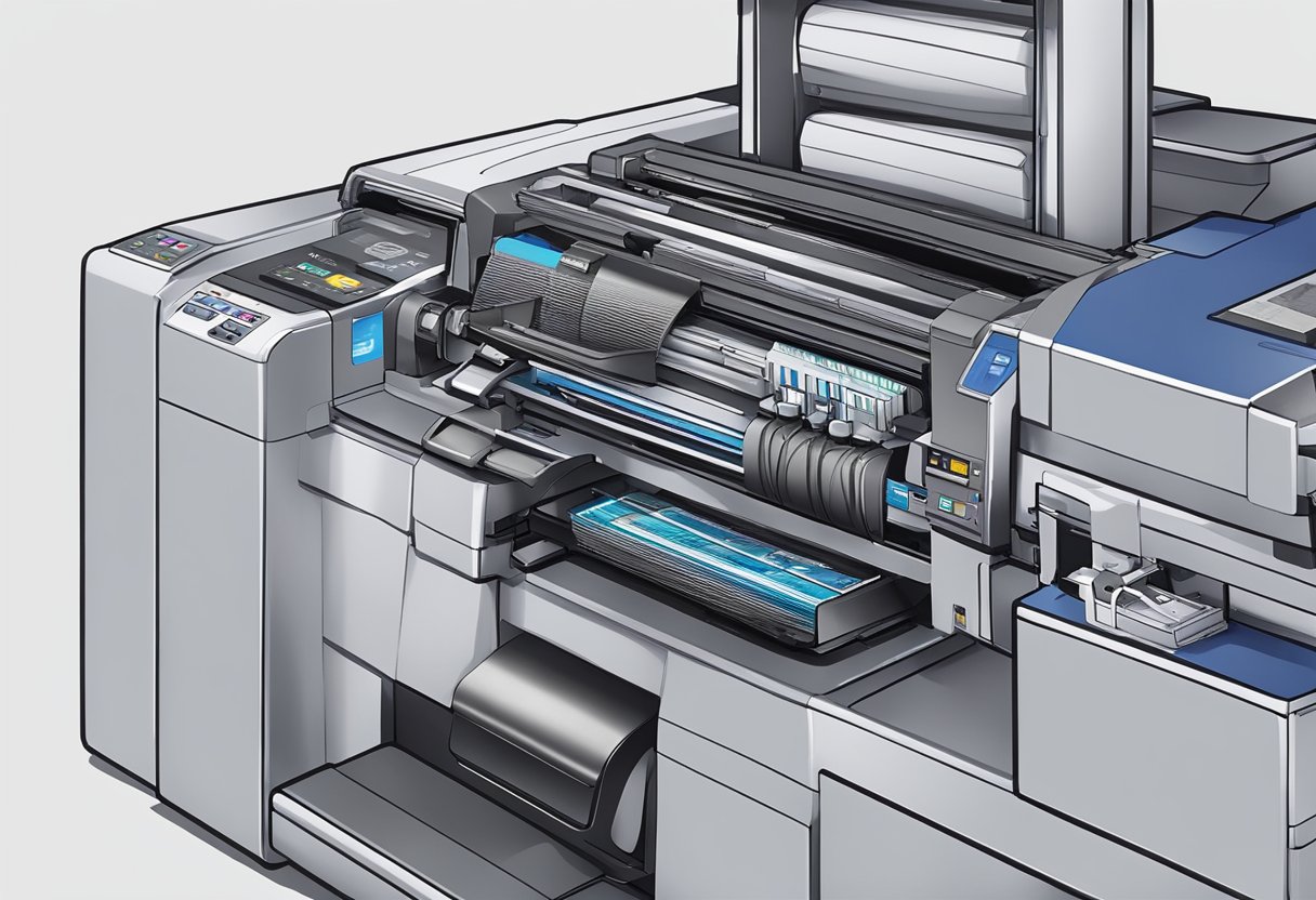 A printing machine produces custom corporate gift card holders. Ink cartridges and paper feed into the machine as it prints the design