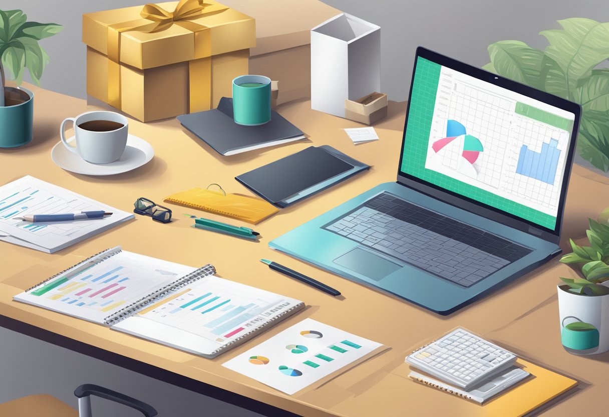 A table with a laptop, calculator, and spreadsheet. A pen marks numbers on the paper. A stack of gift boxes in the background