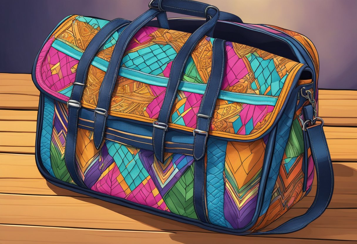 A customized bag sits on a wooden table, adorned with vibrant colors and unique patterns. The bag is open, revealing a spacious interior with various compartments