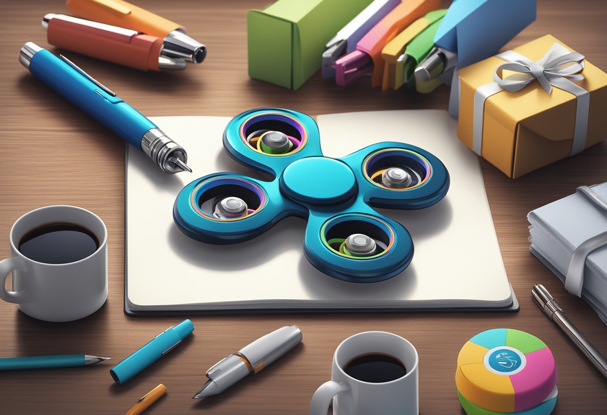 A fidget spinner sits among a pile of corporate gifts, surrounded by branded pens, notebooks, and mugs