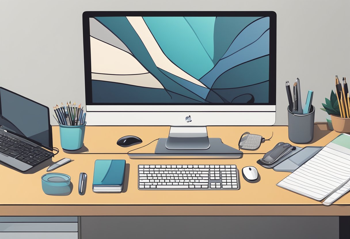 A desk with a customizable mouse pad, surrounded by a computer, keyboard, and other office supplies