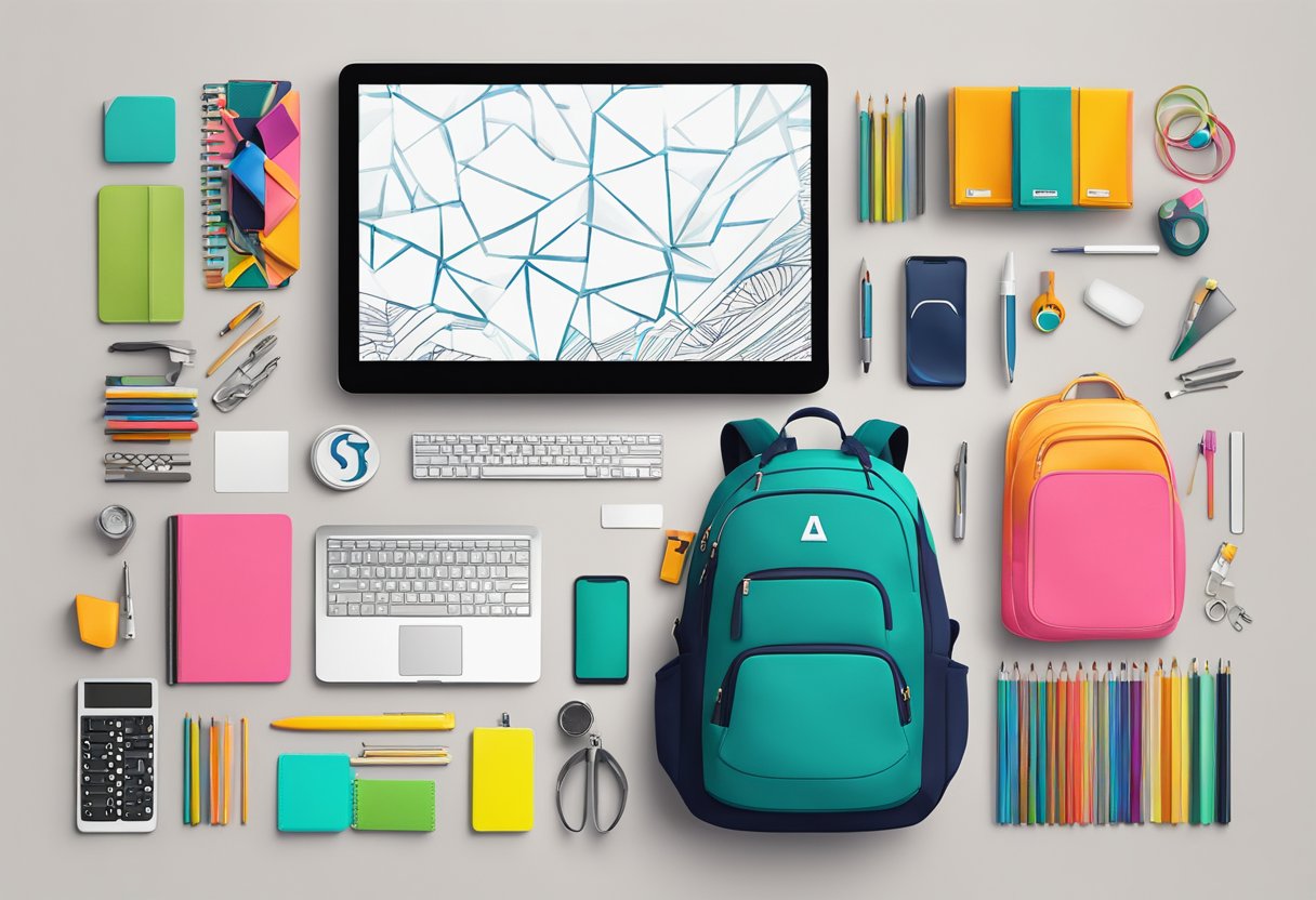 A customized bag with bold colors and personalized initials, resting on a clean, modern desk with various design tools scattered around