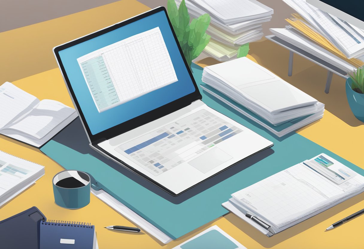 A table with a laptop, pen, and notepad. A stack of brochures and a budget spreadsheet on the screen. A sign with "Frequently Asked Questions corporate gifts budget" displayed prominently