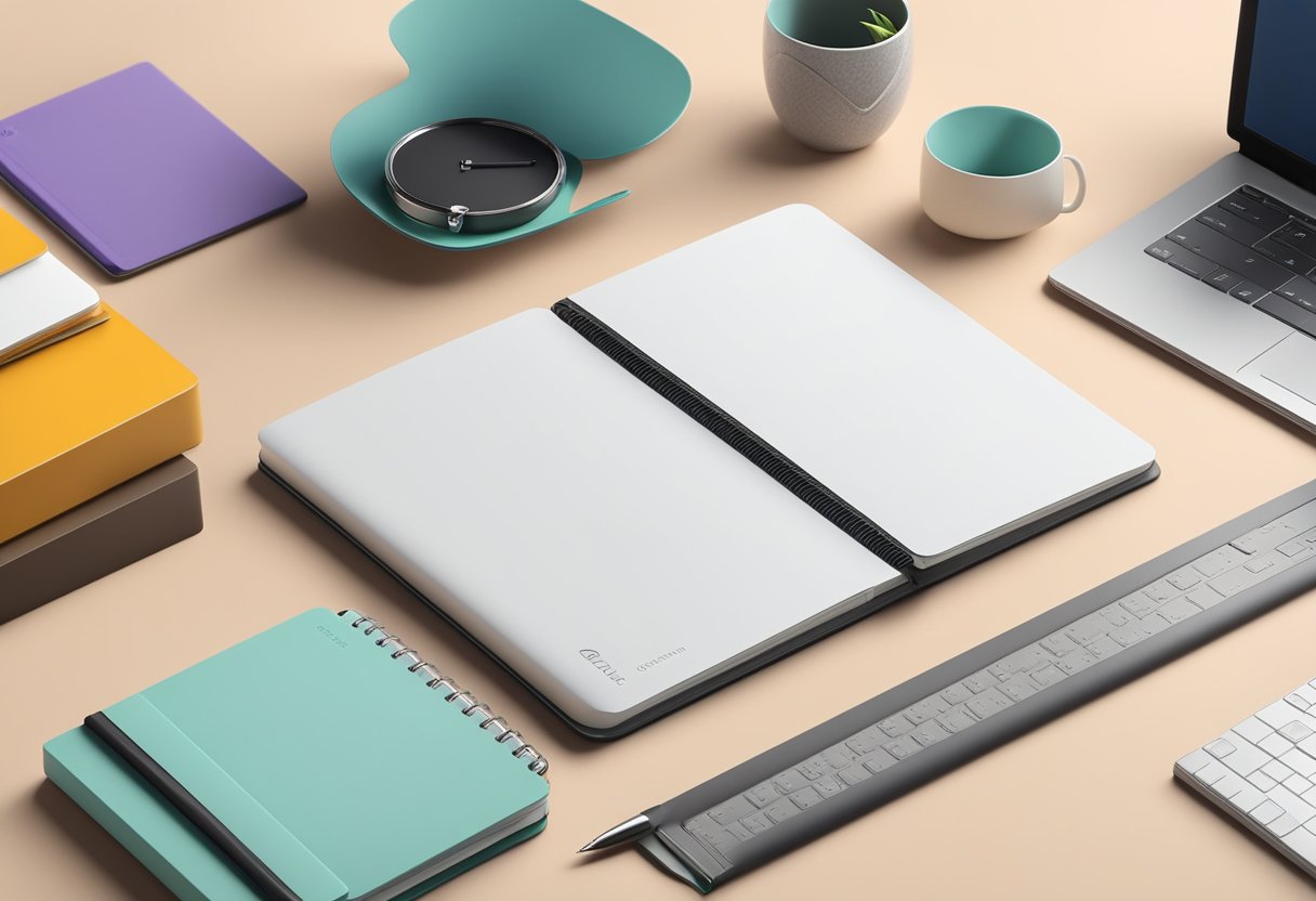 A sleek, professional notebook sits on a desk, embossed with a corporate logo. It is surrounded by office supplies and a laptop, creating a workspace aesthetic