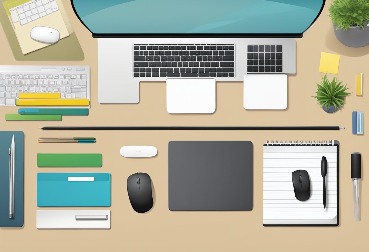 A computer mouse pad with customizable design options displayed on a desk with a computer and various office supplies
