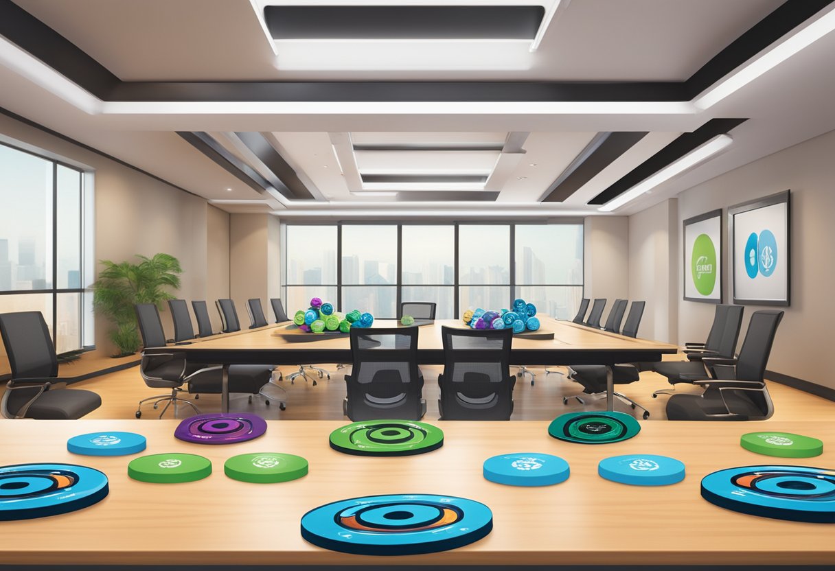 A table covered in corporate gift fidget spinners, with branded logos and sleek designs, displayed in a well-lit conference room