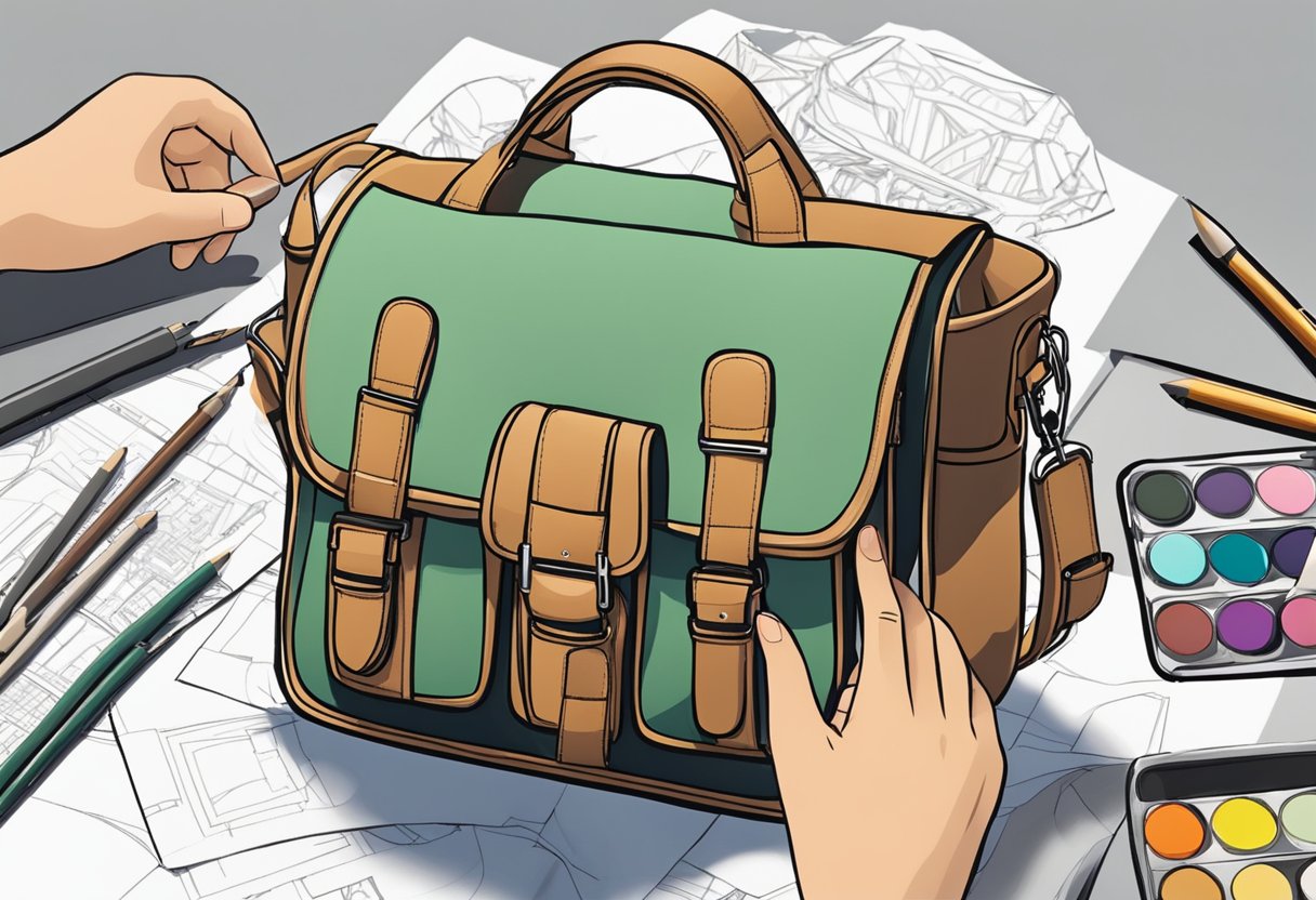 A designer selects materials and colors for a custom bag, sketching and adding personalized details