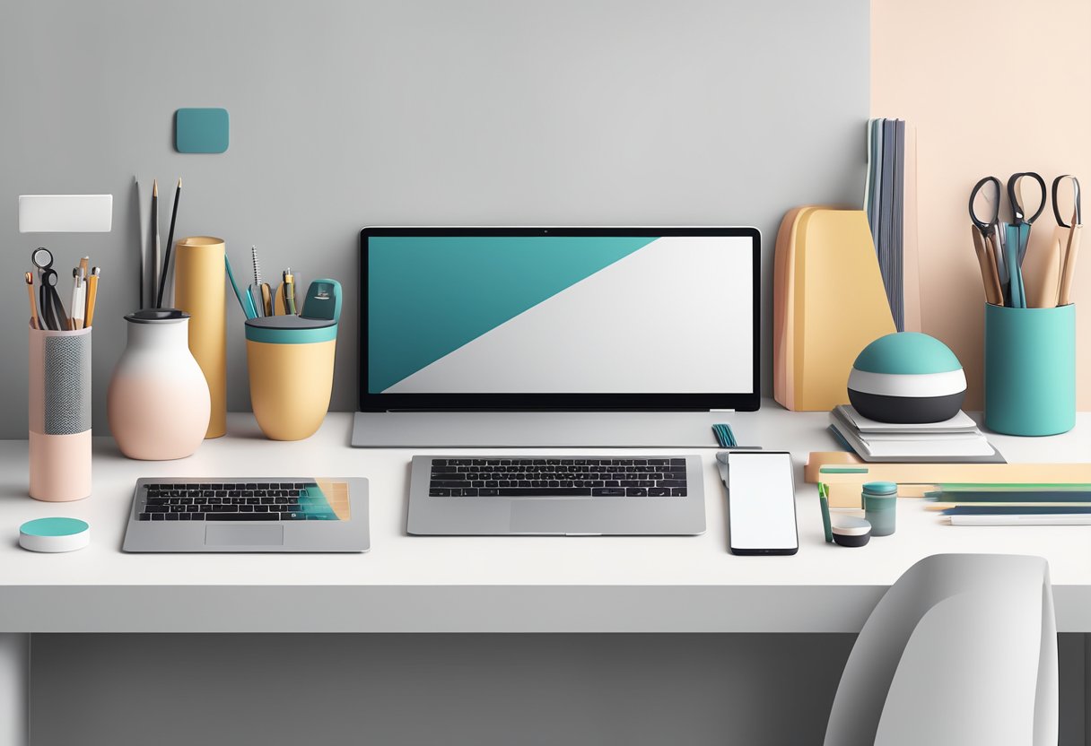 A group of modern office supplies, such as sleek laptops, stylish water bottles, and trendy desk organizers, arranged on a clean, minimalist desk