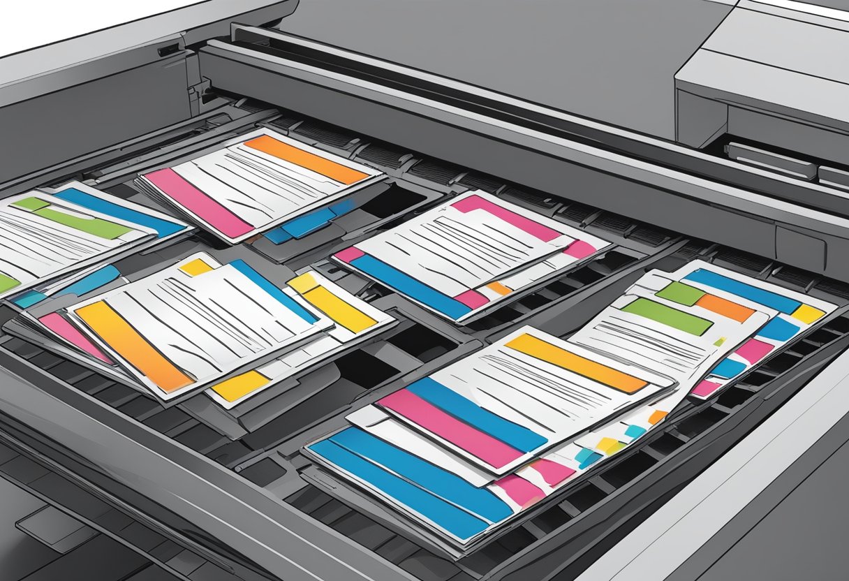 A stack of corporate gift card holders being printed in a commercial printing press. Ink and paper materials are visible