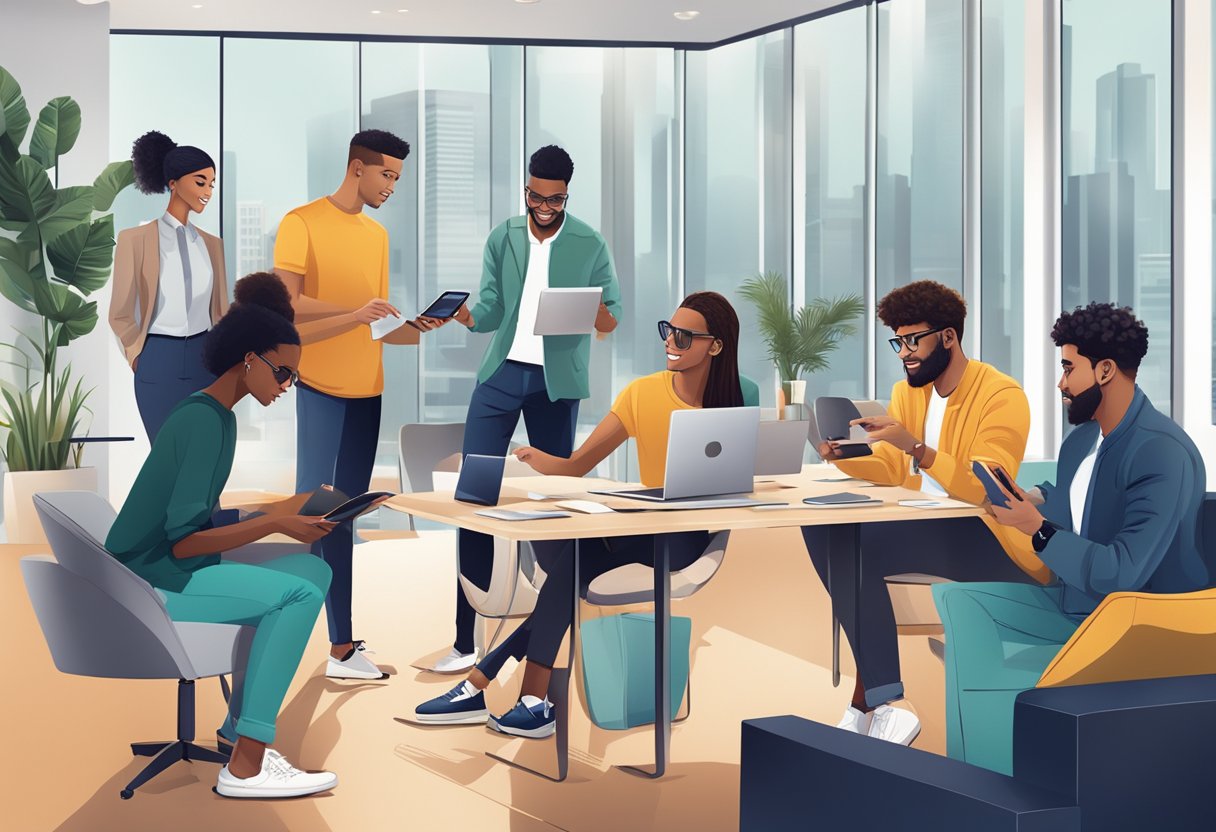 A group of young professionals exchanging branded tech gadgets and trendy lifestyle items in a modern office setting