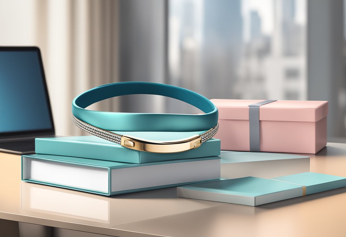 A sleek, branded headband rests on a polished desk beside a stack of elegant gift boxes, ready for corporate gifting