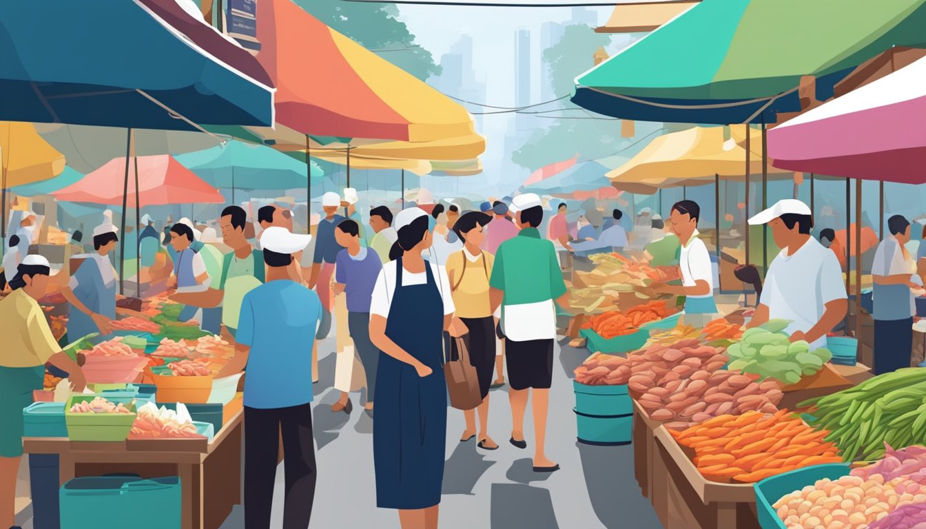 A bustling seafood market in Singapore, with colorful stalls and lively chatter