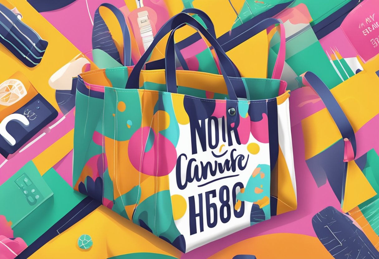 A non-woven bag with custom design, featuring vibrant colors and bold typography, stands against a clean, modern backdrop