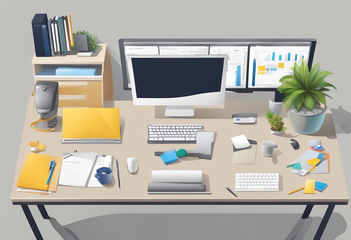 A sleek, modern office desk with a branded corporate gift headband placed neatly in the center, surrounded by various office supplies and a computer