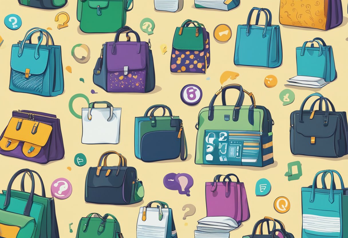 A customized bag with "Frequently Asked Questions" printed on it, surrounded by various question marks and a bright, eye-catching color scheme