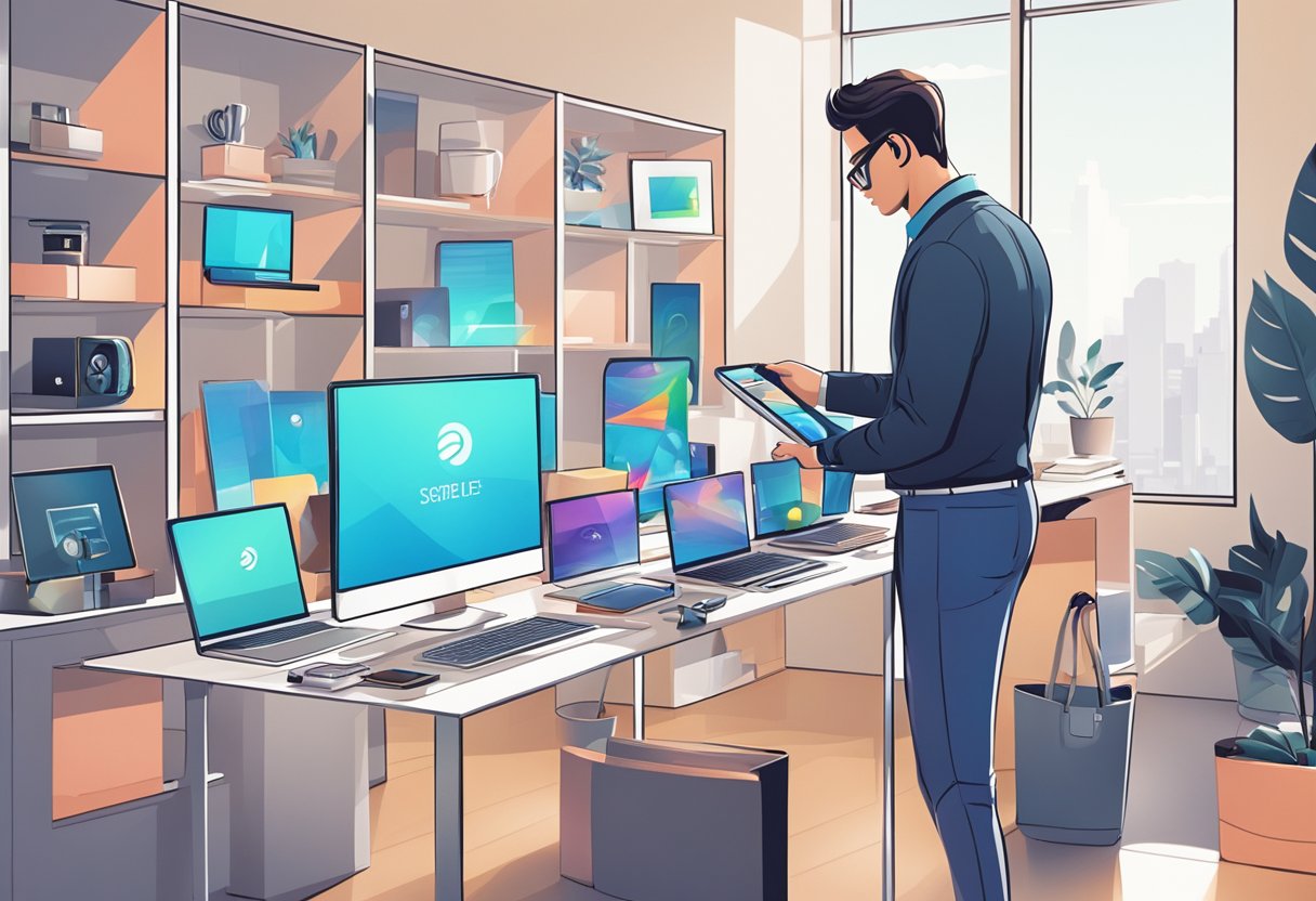 A person selecting modern corporate gifts from a display of tech gadgets and stylish accessories