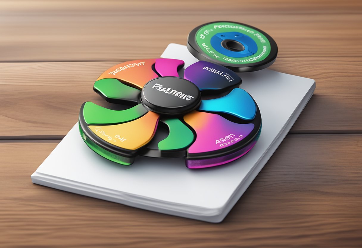 A stack of branded fidget spinners sits on a table with a sign reading "Frequently Asked Questions corporate gifts"