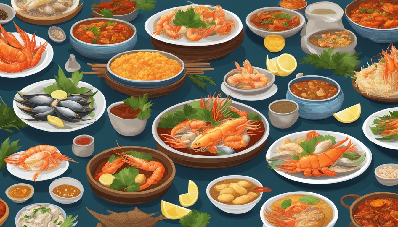 A table filled with a variety of seafood dishes, including steamed fish, chili crab, and salted egg prawns, with vibrant colors and aromatic spices