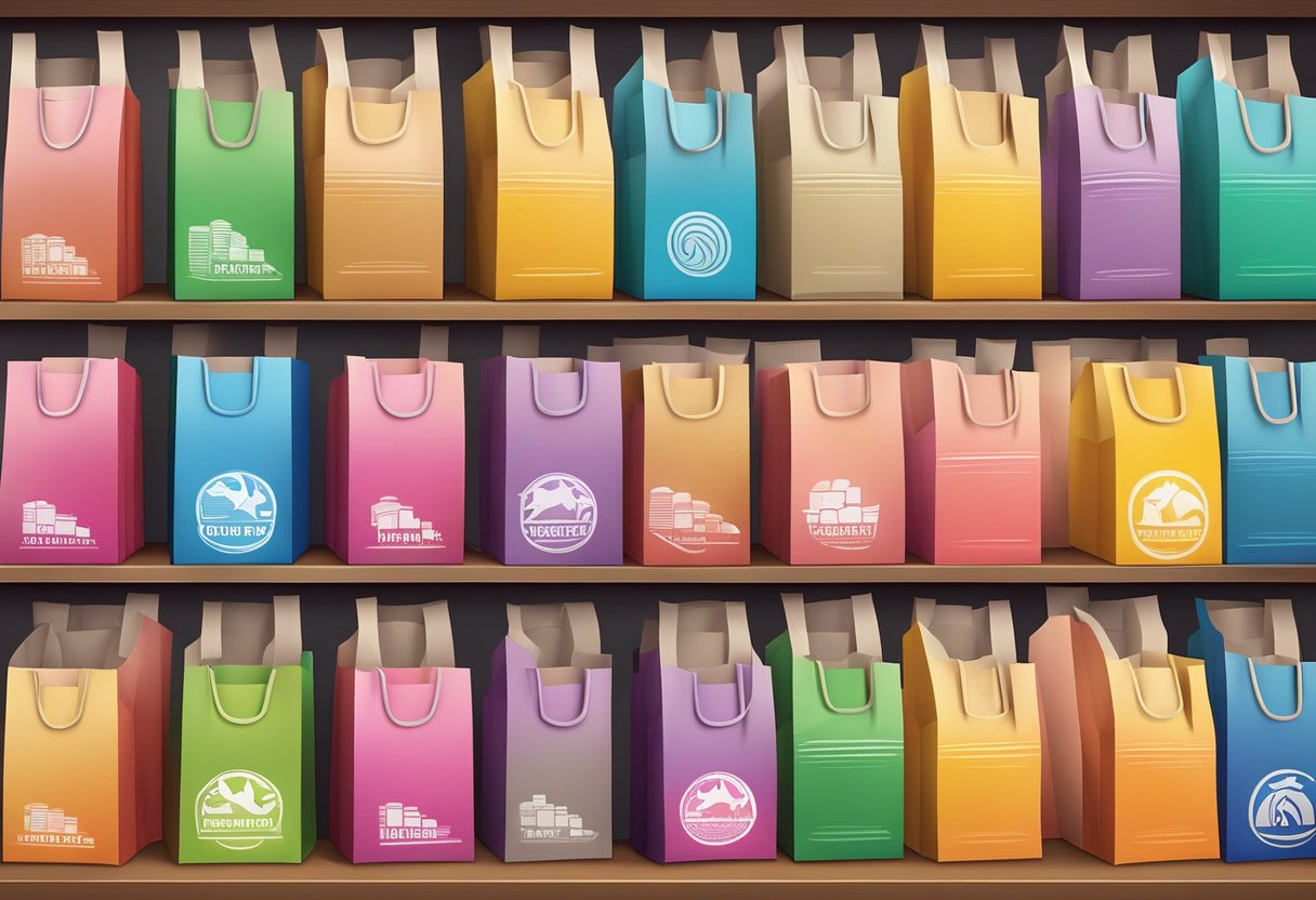 A stack of colorful paper bags with company logos piled on a shelf, ready for shipment