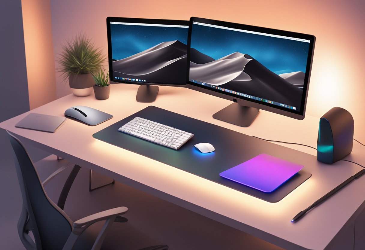 A sleek, modern desk setup with a customizable mouse pad, illuminated by the soft glow of a computer monitor