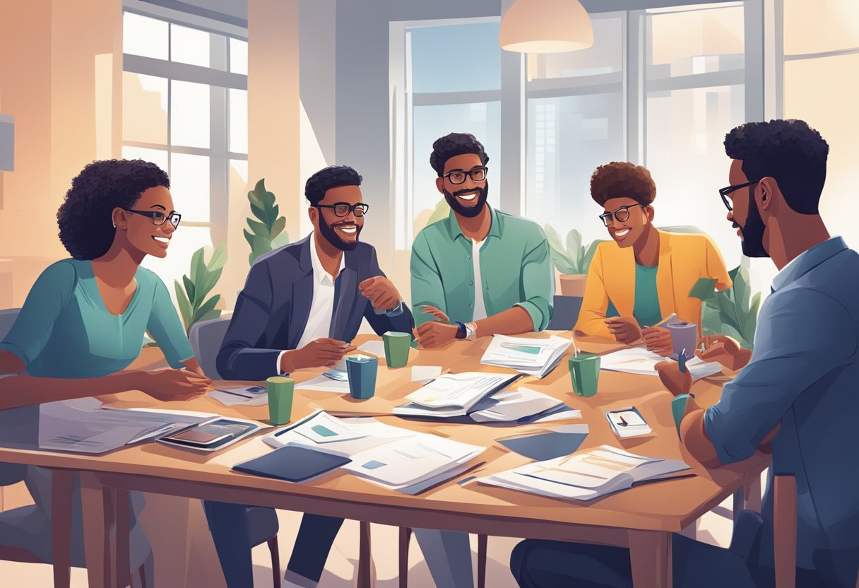 A group of young professionals gathered around a table, discussing and exchanging corporate gifts. The room is filled with energy and excitement as they brainstorm ideas and share their thoughts