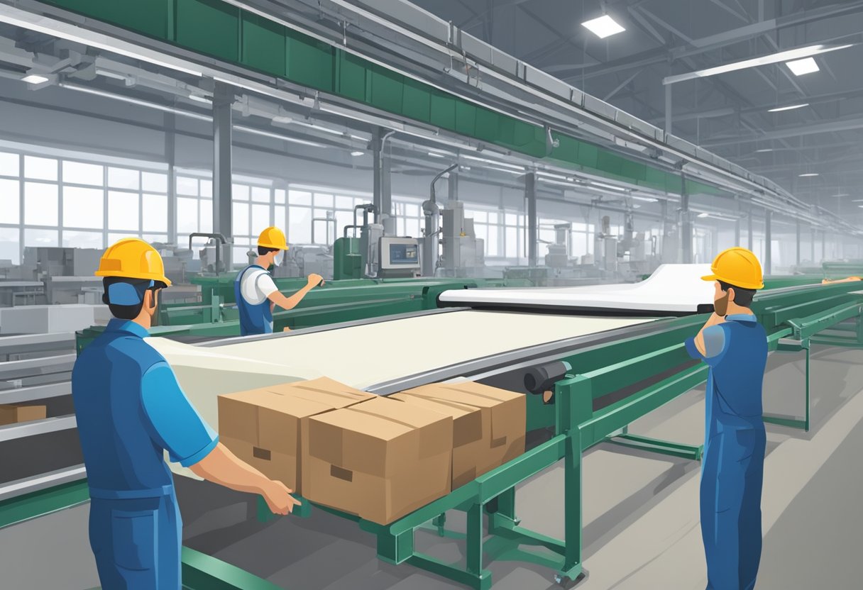 A conveyor belt moves non-woven bags through a factory. Workers inspect and package the bags for shipping