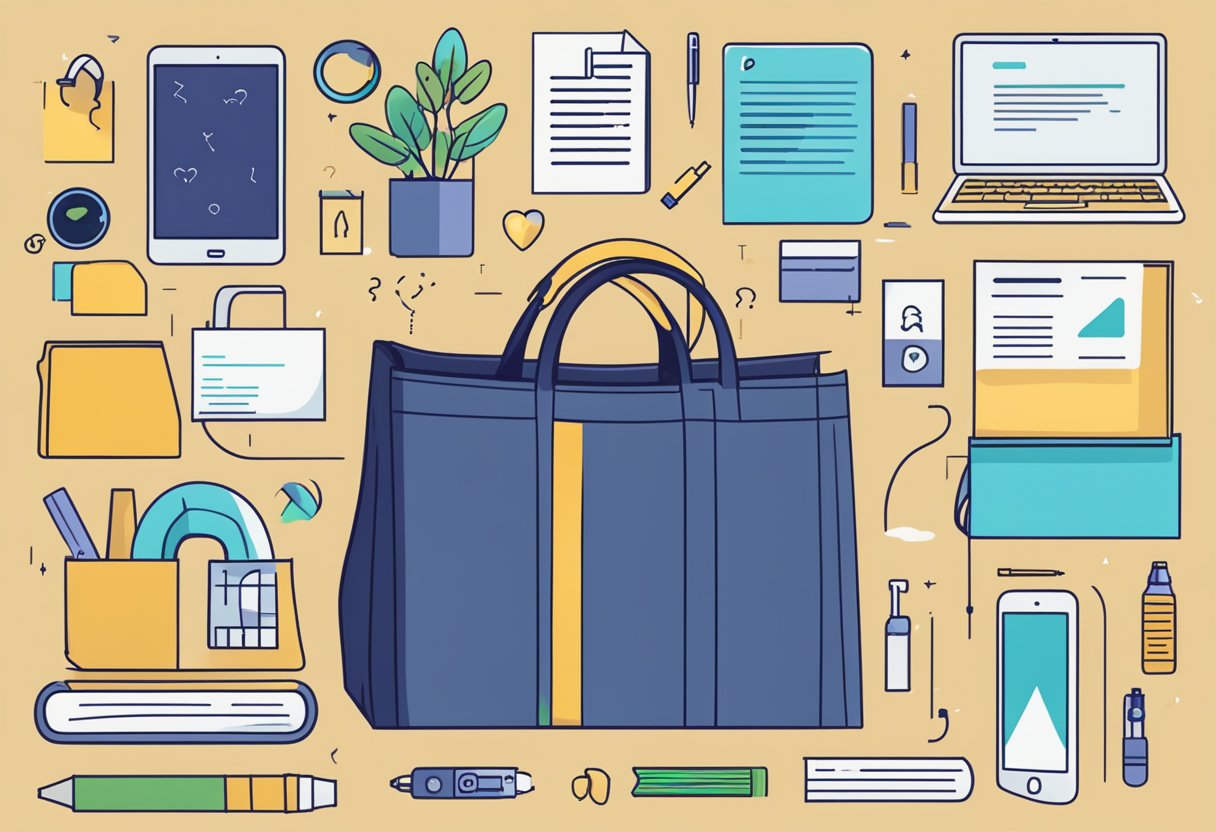 A non-woven bag with "Frequently Asked Questions" printed on it, surrounded by various items like a laptop, books, and a phone