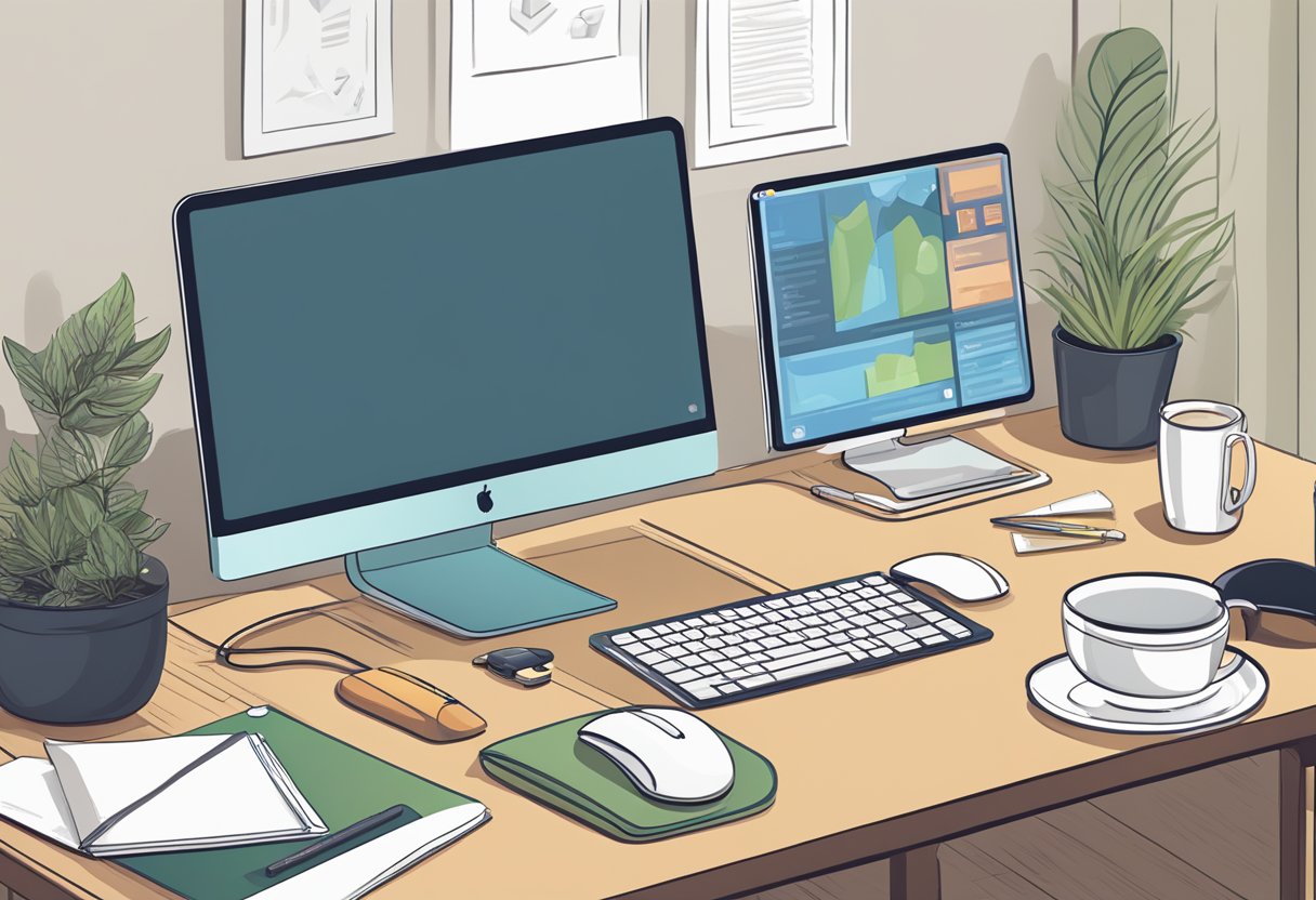 A desk with a computer and a customizable mouse pad, surrounded by various frequently asked questions related to the product