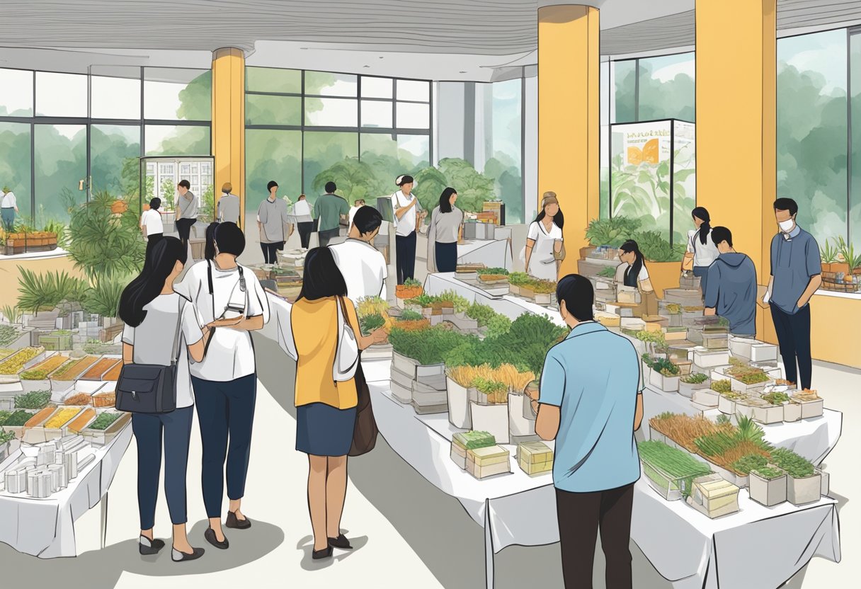 A group of corporate gift vendors at a social enterprise event in Singapore. Tables filled with eco-friendly products and promotional items