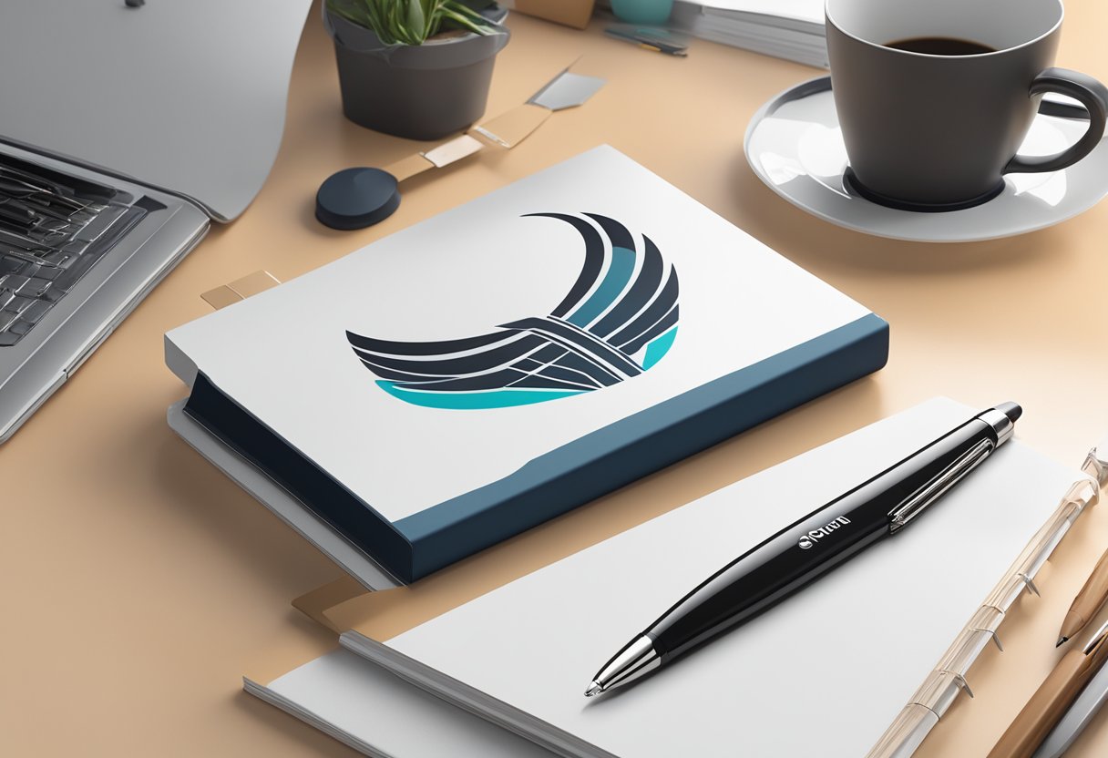A corporate gift headband sits on a sleek, modern desk with a logo prominently displayed. Surrounding it are various high-quality gift items like pens, notebooks, and tech gadgets