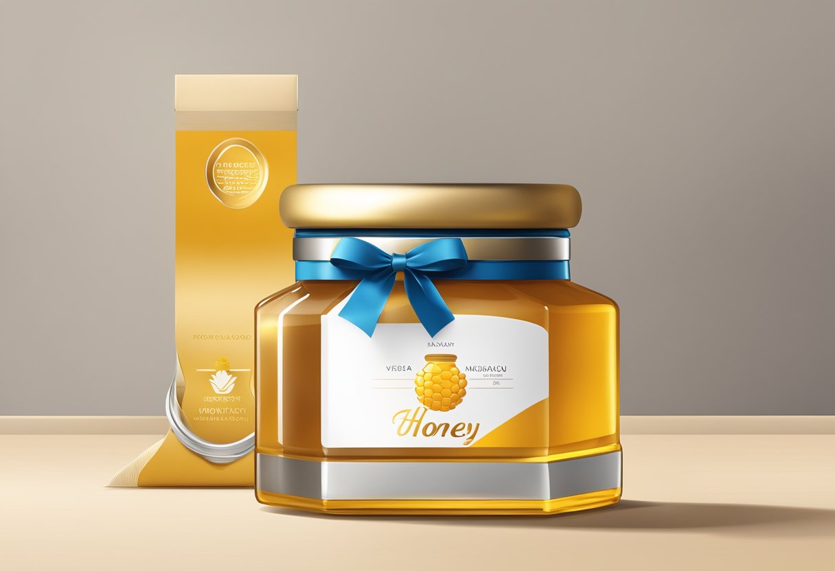 A honey jar with a corporate logo sits on a polished desk, surrounded by elegant packaging and a ribbon