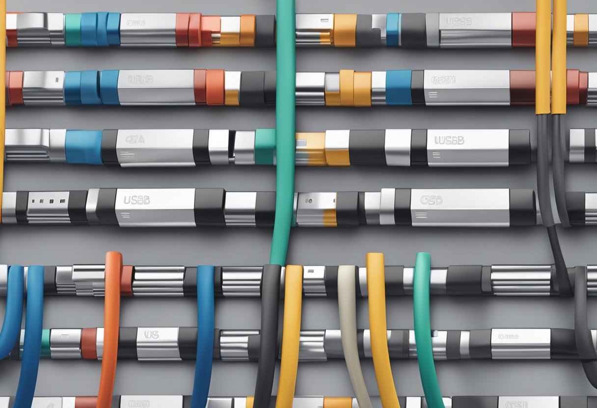 A stack of branded USB cables arranged neatly on a sleek, modern desk in a corporate office setting