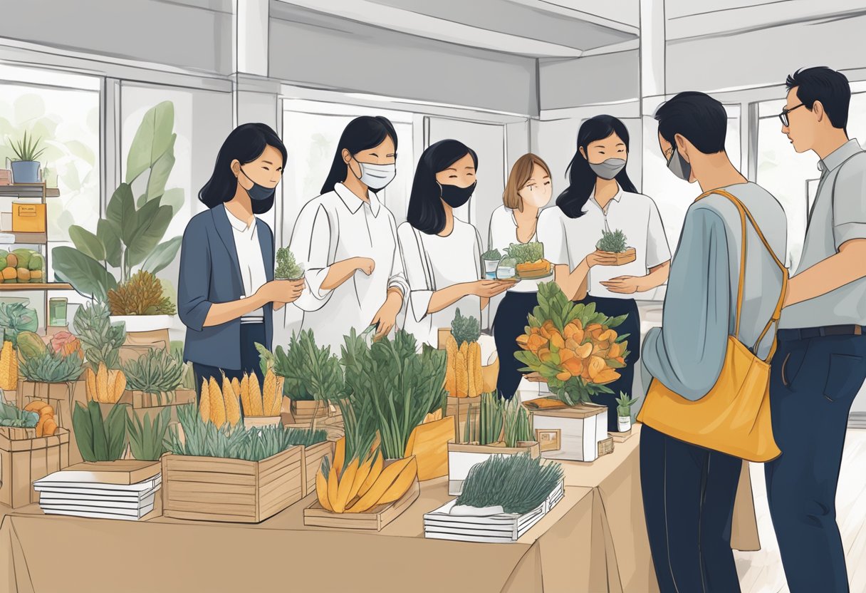 A group of diverse corporate gift vendors in Singapore display their products at a social enterprise event, showcasing a wide range of sustainable and ethically sourced items