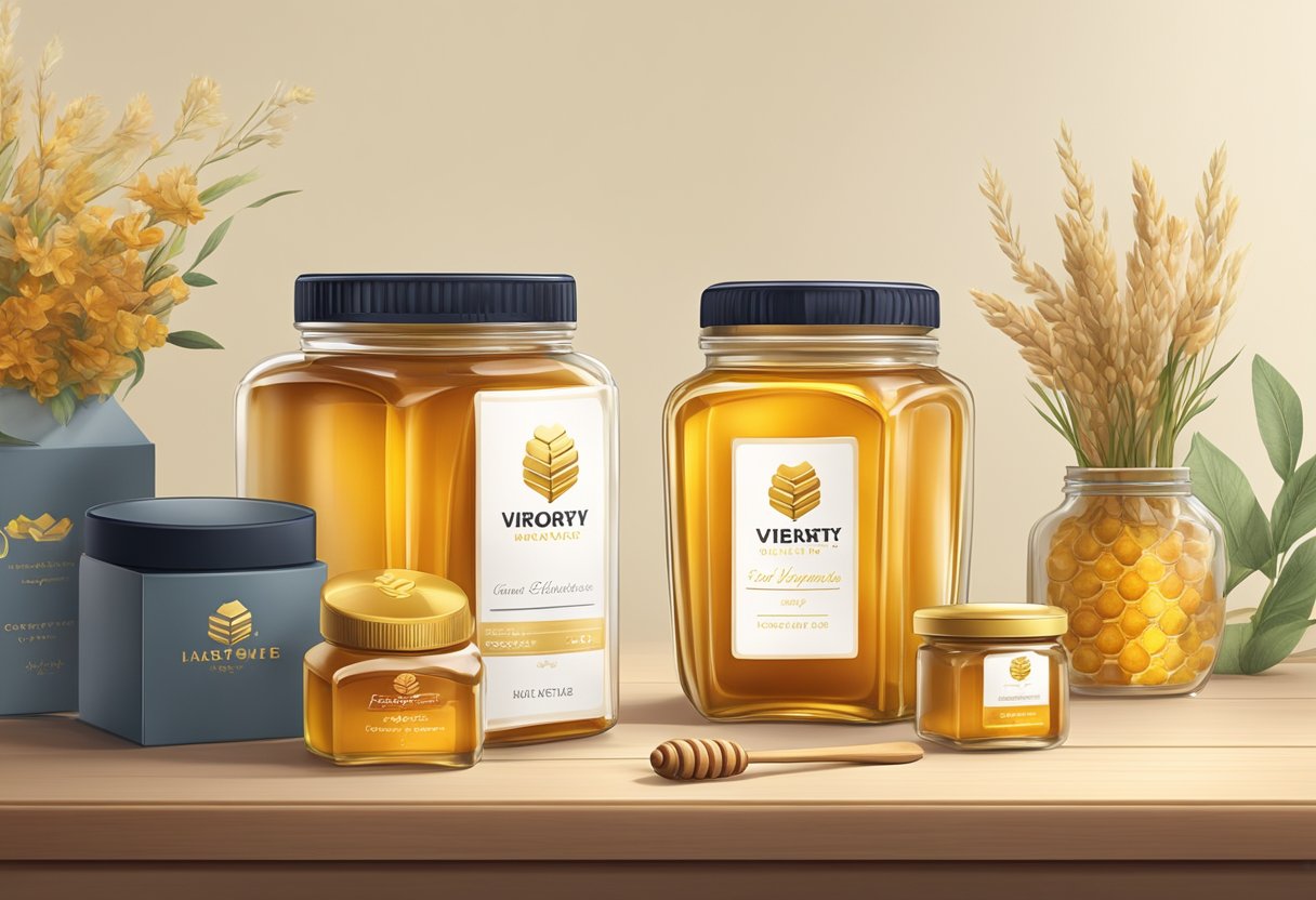 A honey jar with a corporate logo sits on a desk, surrounded by elegant packaging and a personalized note