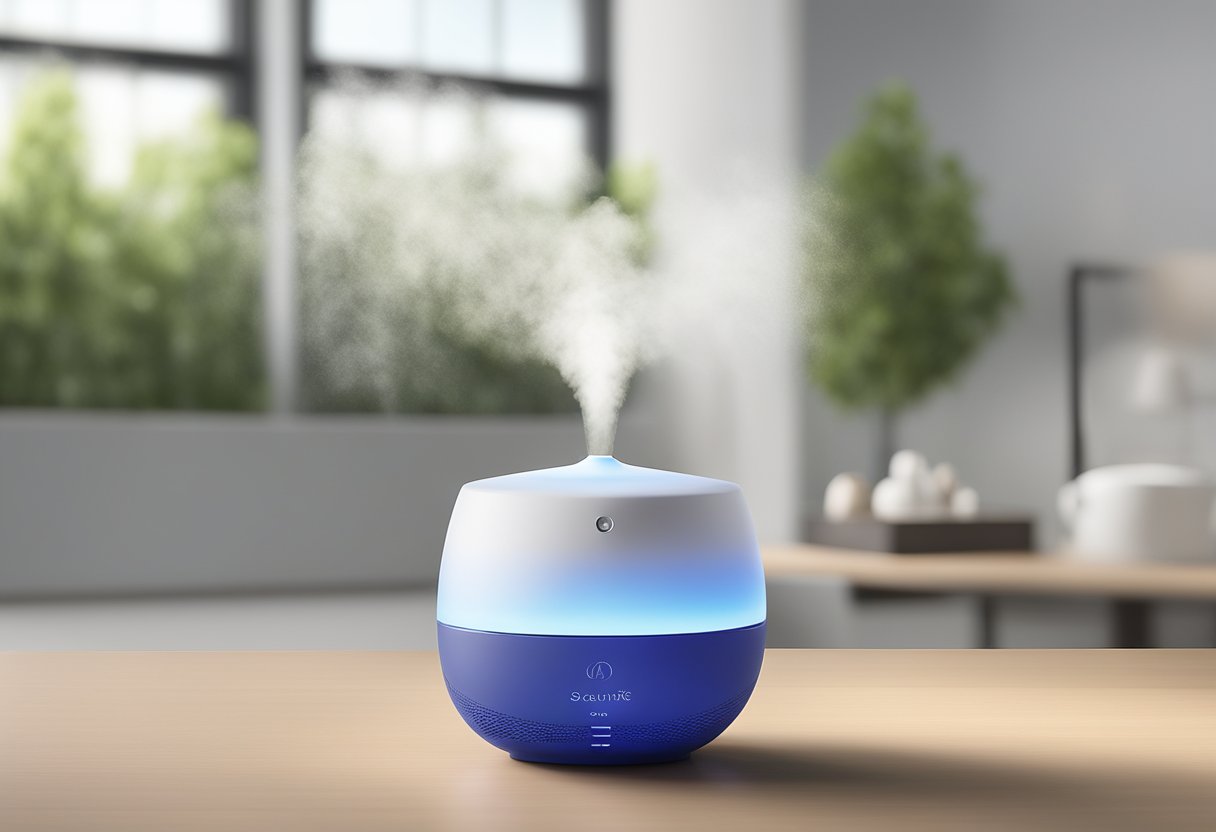 A sleek diffuser sits among a display of corporate gifts, emitting a soft, fragrant mist into the air
