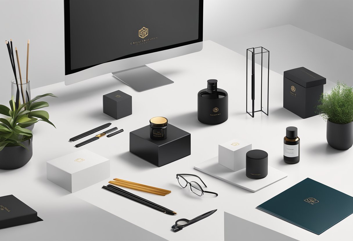 A hand reaches for a sleek corporate gifts diffuser on a polished desk, surrounded by elegant packaging and a selection of other high-end gifts