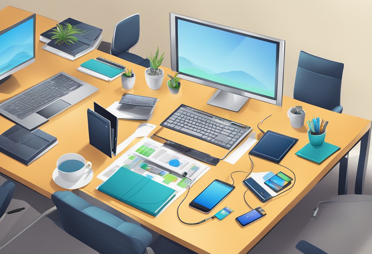 A table with branded USB cables in a corporate setting, surrounded by office supplies and electronic devices