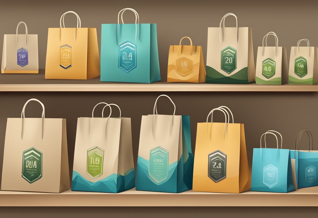 A variety of paper bags in different sizes, colors, and designs are displayed on a shelf, with customizable options such as logos and text