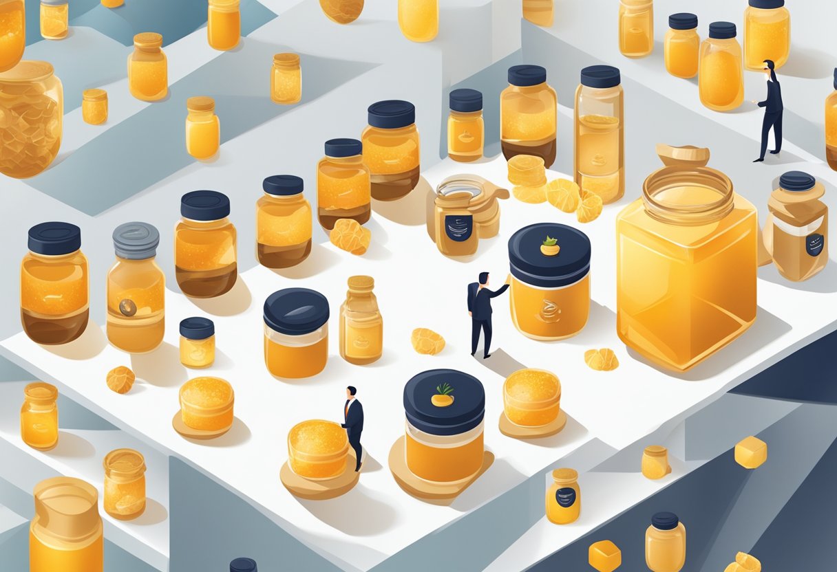 A hand reaches for a sleek honey jar among a display of corporate gifts, emphasizing the perfect choice
