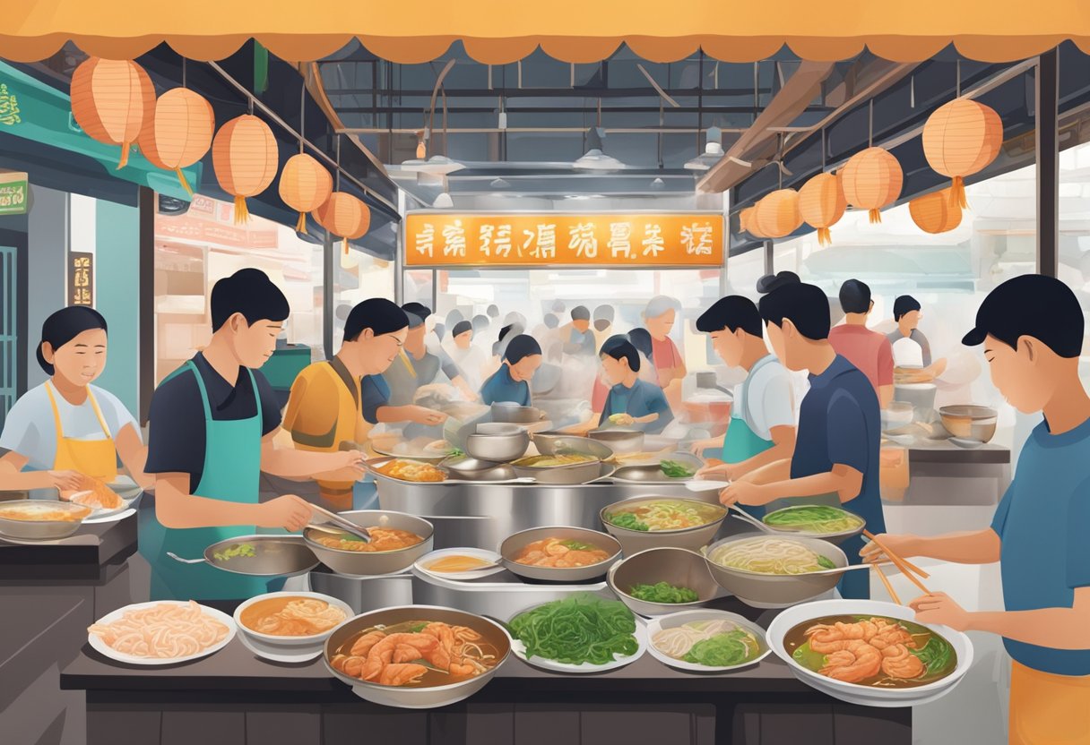 A bustling hawker stall at Loyang Way, with steaming bowls of big prawn noodle, surrounded by eager customers and the aroma of savory broth
