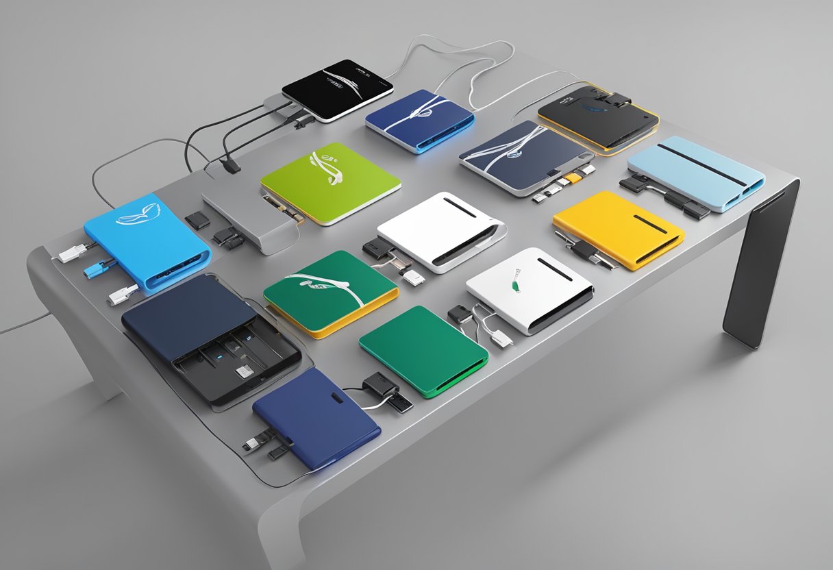 A table with various USB cables in different colors and with branding options displayed