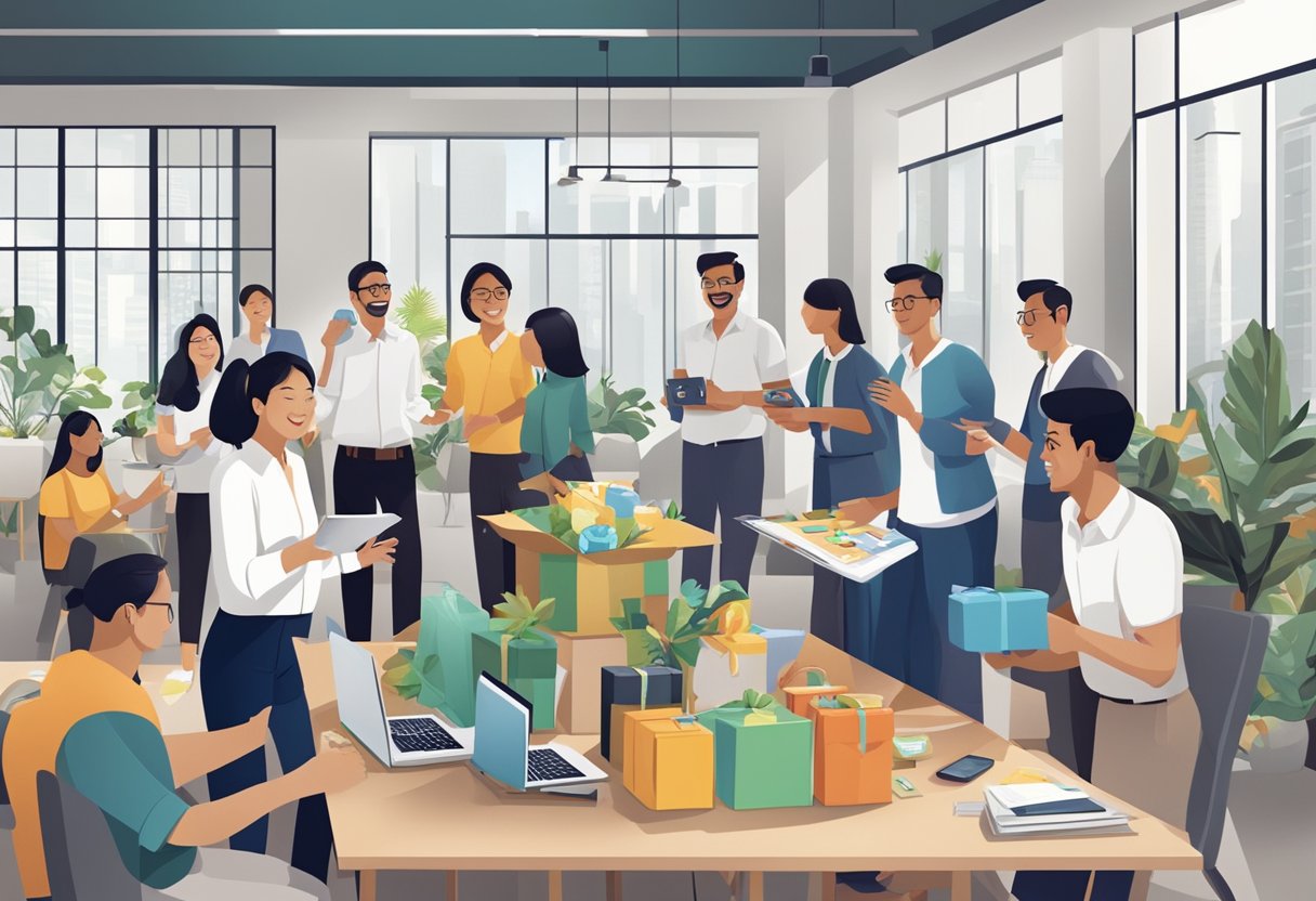 A group of vendors display corporate gifts at a social enterprise event in Singapore, with customers asking frequently asked questions