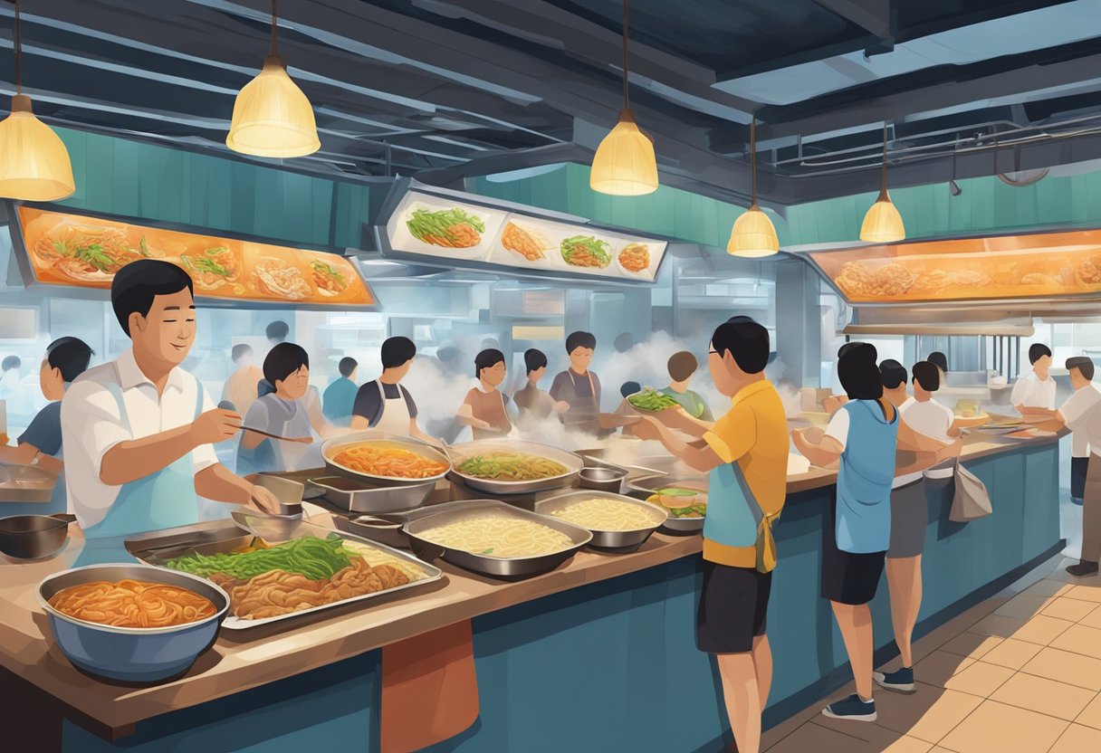 A bustling hawker stall at The Culinary Experience in Loyang Way, with steaming bowls of big prawn noodles and a lively atmosphere