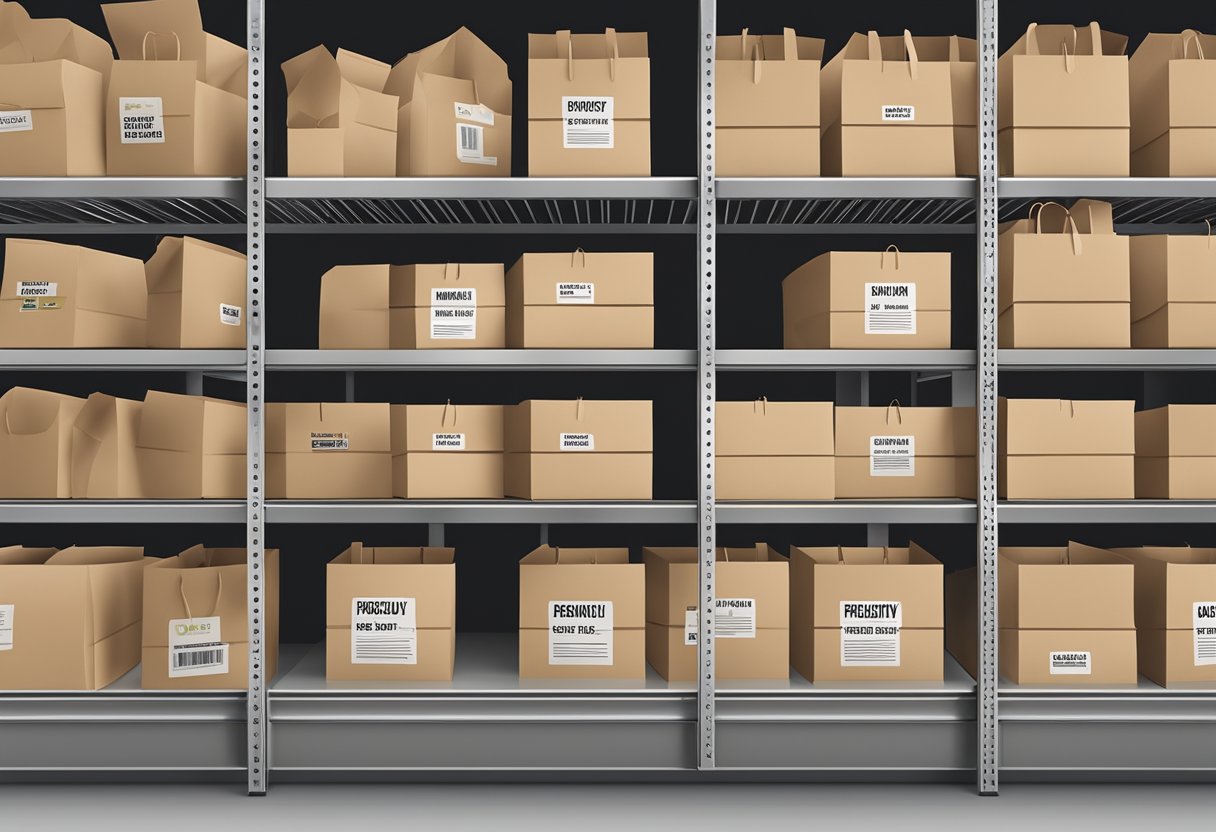 A stack of custom paper bags with "Frequently Asked Questions" printed on them, neatly arranged on a shelf in a supplier's warehouse