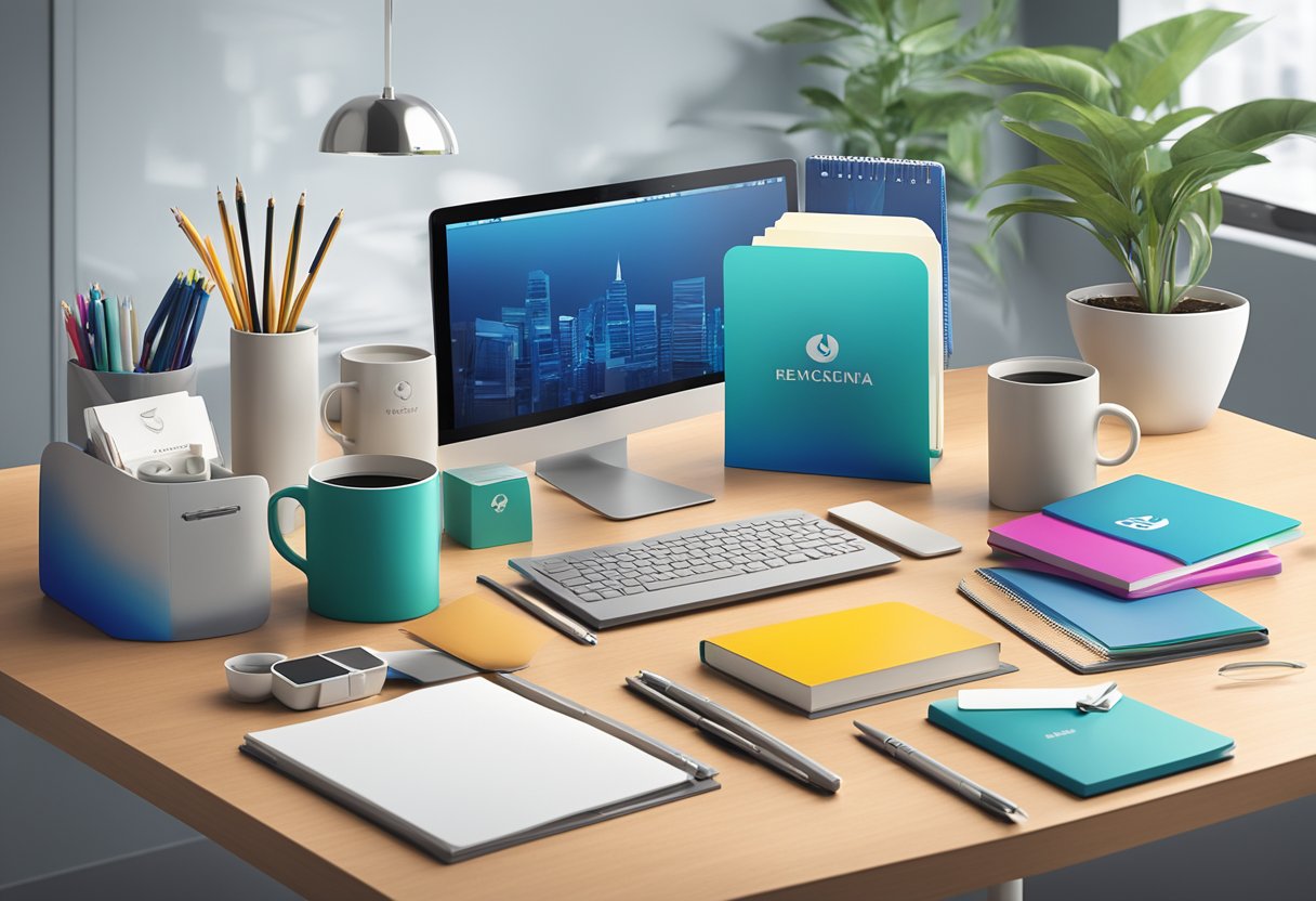 A corporate office desk with a branded diffuser gift displayed prominently, surrounded by other branded items like pens, notebooks, and mugs