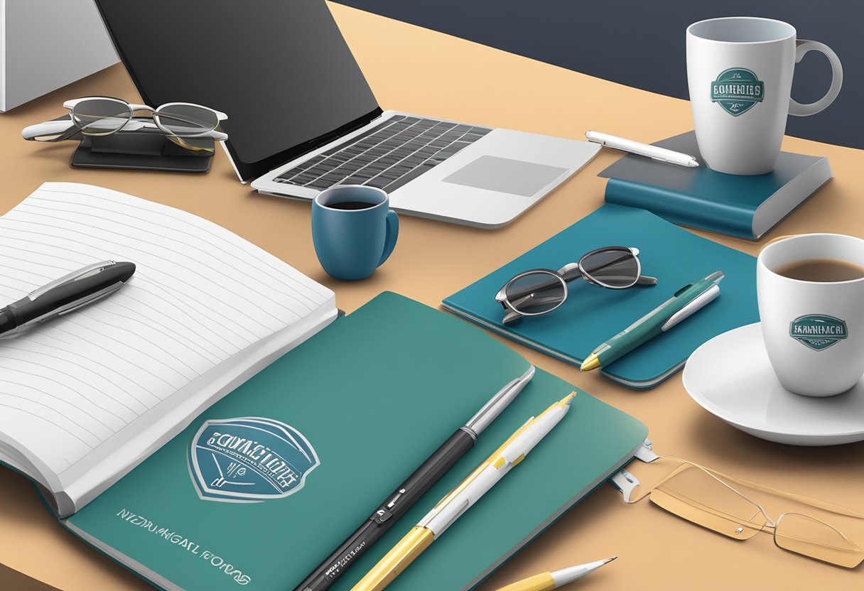 A table with various customizable corporate gift ideas, including branded pens, notebooks, and mugs. The items are displayed neatly with a company logo in the background
