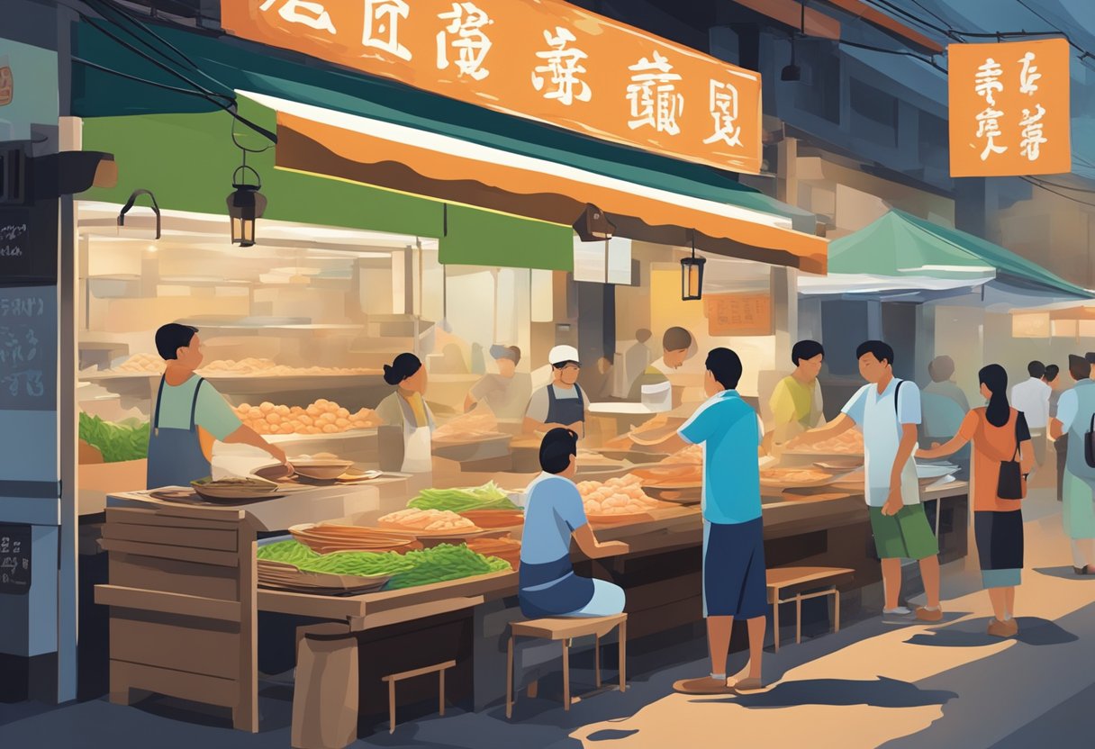 A bustling hawker stall with a prominent sign reading "Frequently Asked Questions" serves up steaming bowls of way big prawn noodles in the lively atmosphere of a bustling loyang way market