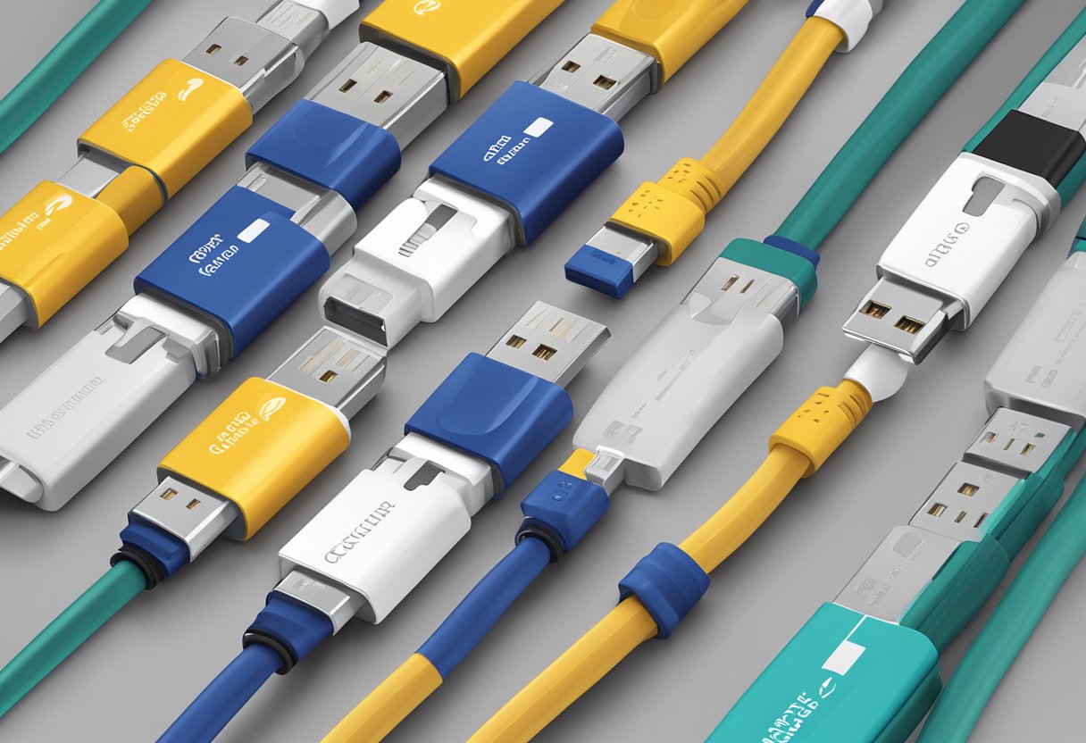 A stack of branded USB cables with "Frequently Asked Questions" text on corporate gift packaging