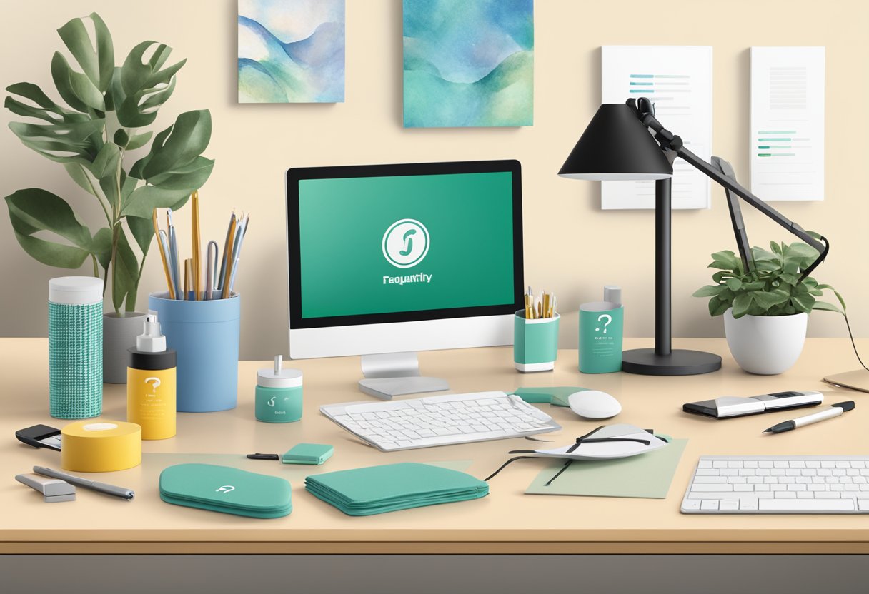 A sleek diffuser sits on a desk surrounded by various corporate gift options. A sign reads "Frequently Asked Questions" above the display